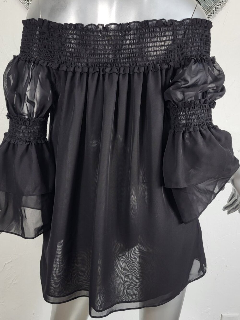 NWT~$100~MAX STUDIO~SZ M~BLACK SHEER OFF THE SHOULDER PEASANT TOP BLOUSE TUNIC